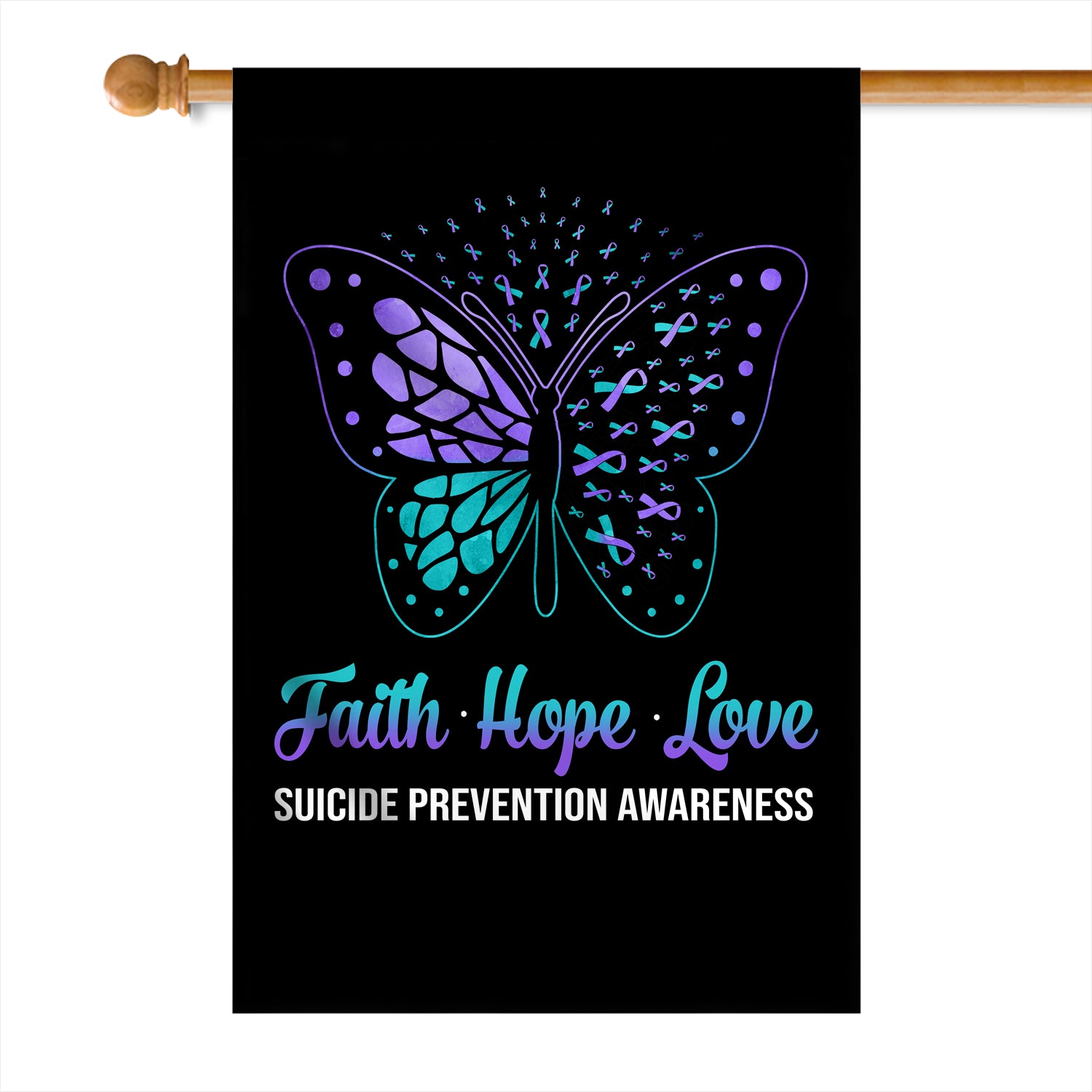Faith Hope Love Butterfly Suicide Prevention Awareness Flag Teal and Purple Ribbon Flag | Teecentury.com