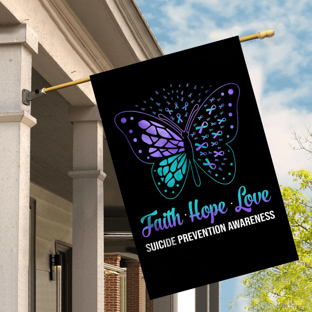 Faith Hope Love Butterfly Suicide Prevention Awareness Flag Teal and Purple Ribbon Flag | Teecentury.com