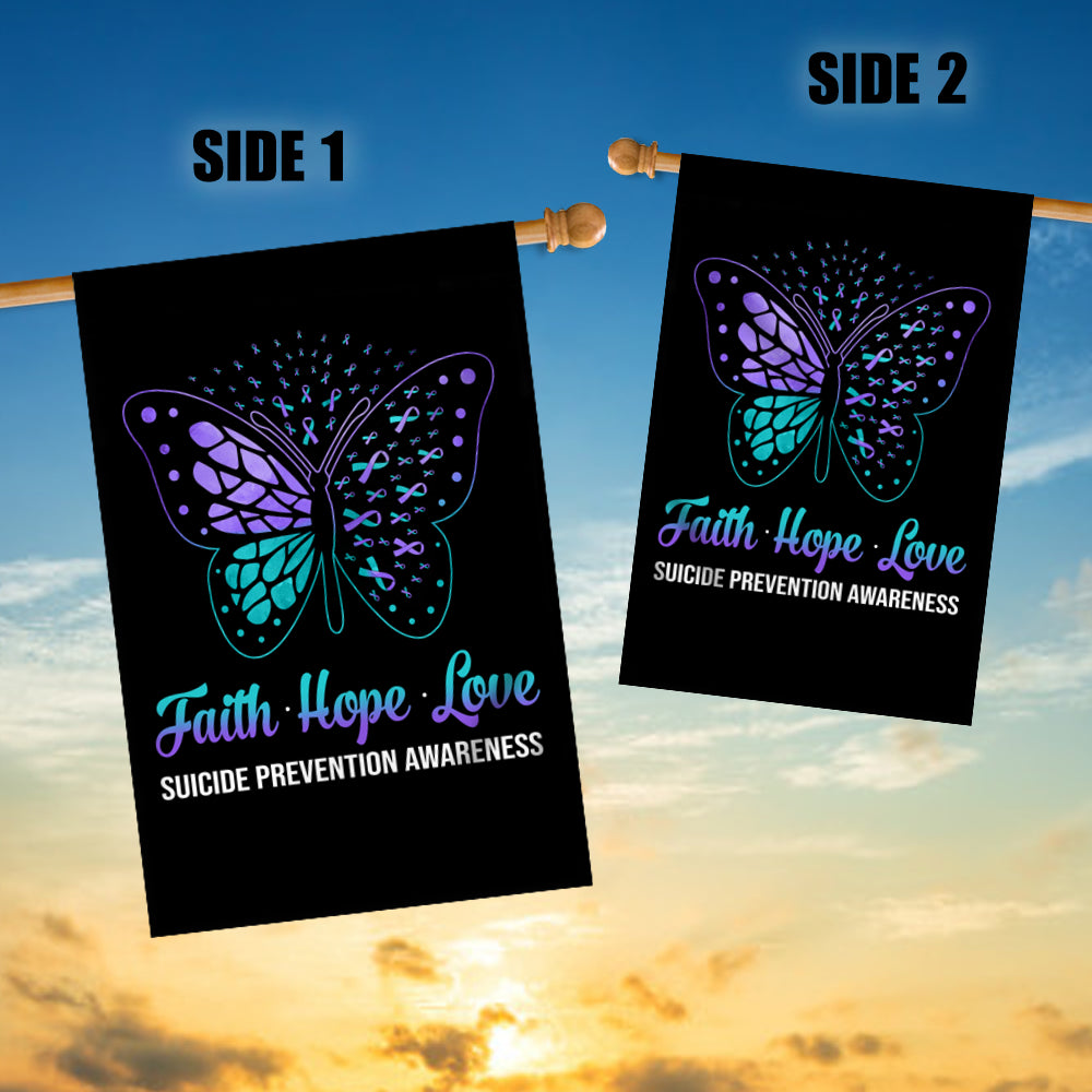 Faith Hope Love Butterfly Suicide Prevention Awareness Flag Teal and Purple Ribbon Flag | Teecentury.com