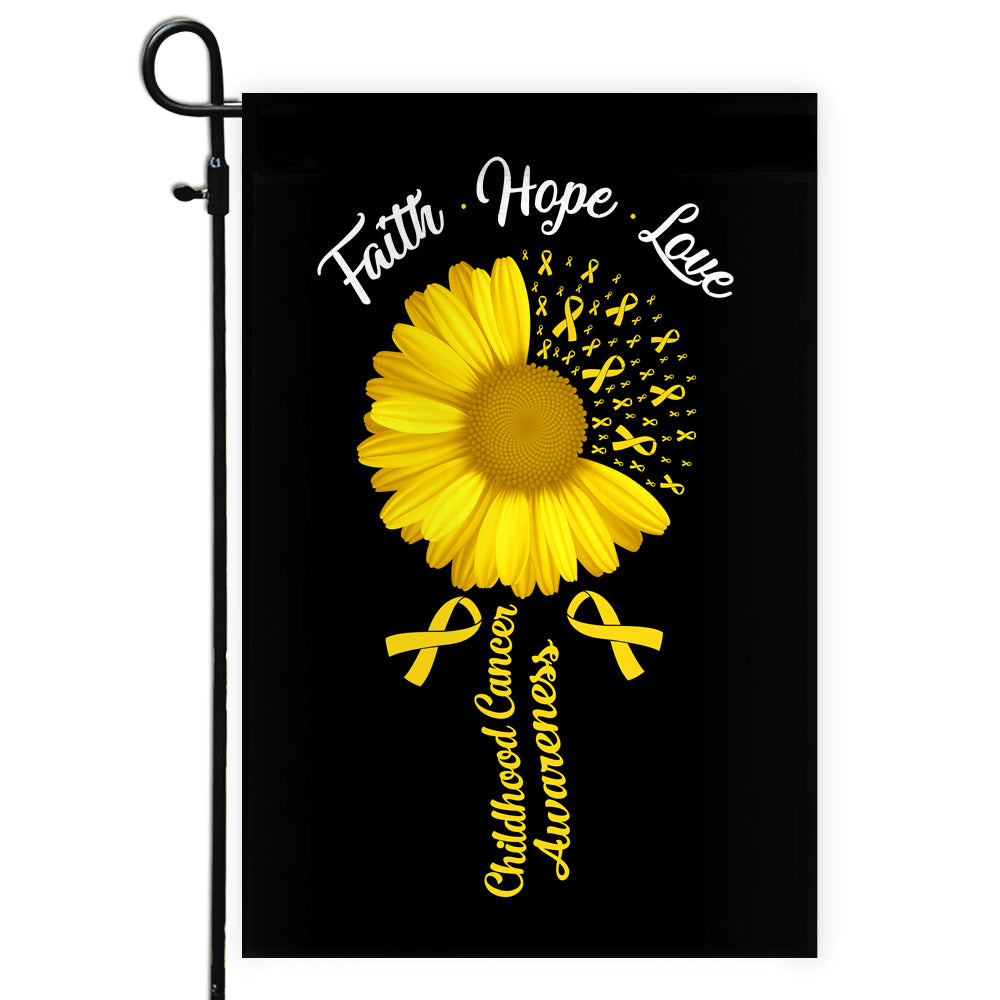Faith Hope Love Childhood Cancer Awareness Flag Daisy Flower Gold Ribbon Flag | Teecentury.com