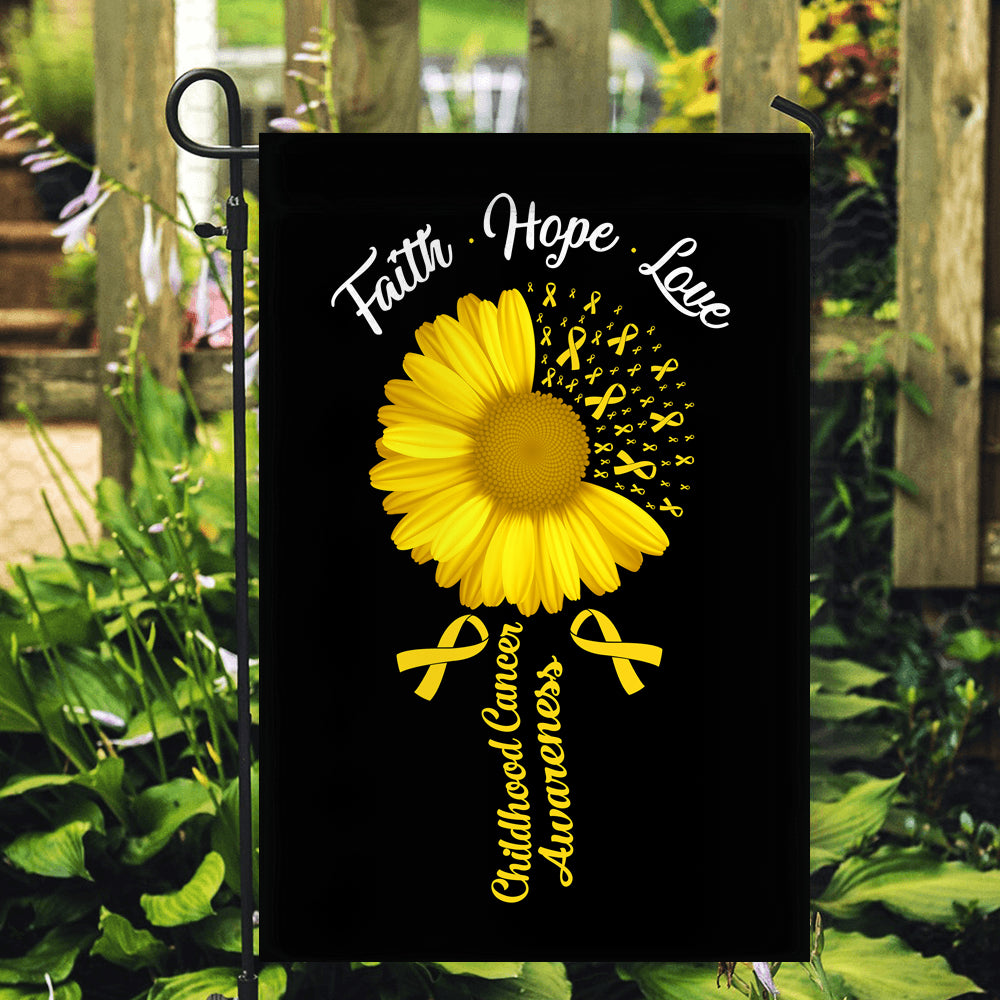 Faith Hope Love Childhood Cancer Awareness Flag Daisy Flower Gold Ribbon Flag | Teecentury.com