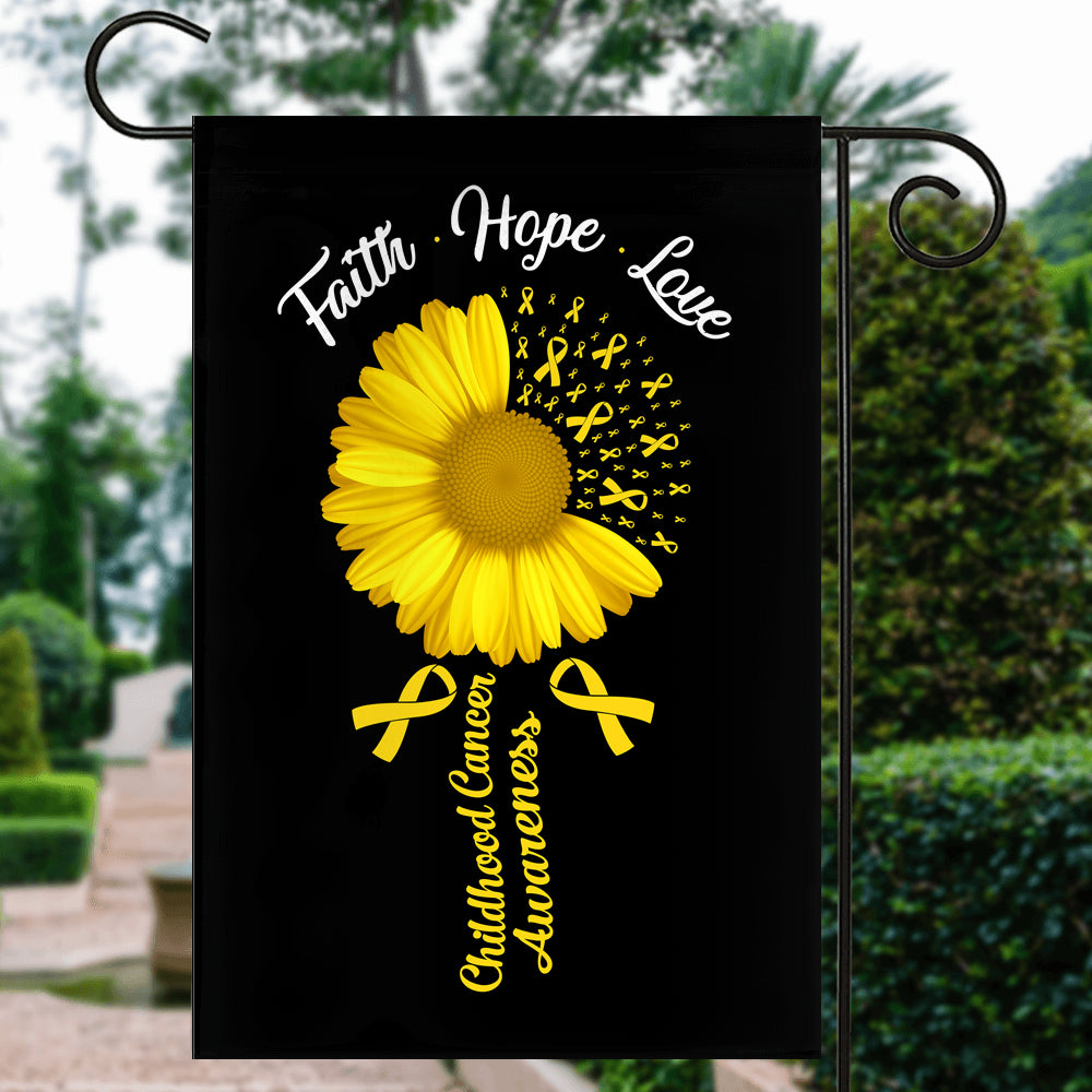 Faith Hope Love Childhood Cancer Awareness Flag Daisy Flower Gold Ribbon Flag | Teecentury.com
