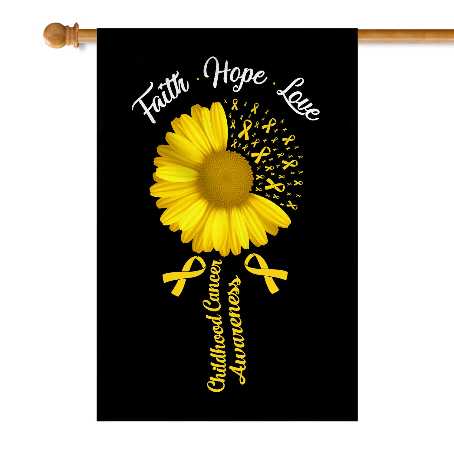 Faith Hope Love Childhood Cancer Awareness Flag Daisy Flower Gold Ribbon Flag | Teecentury.com