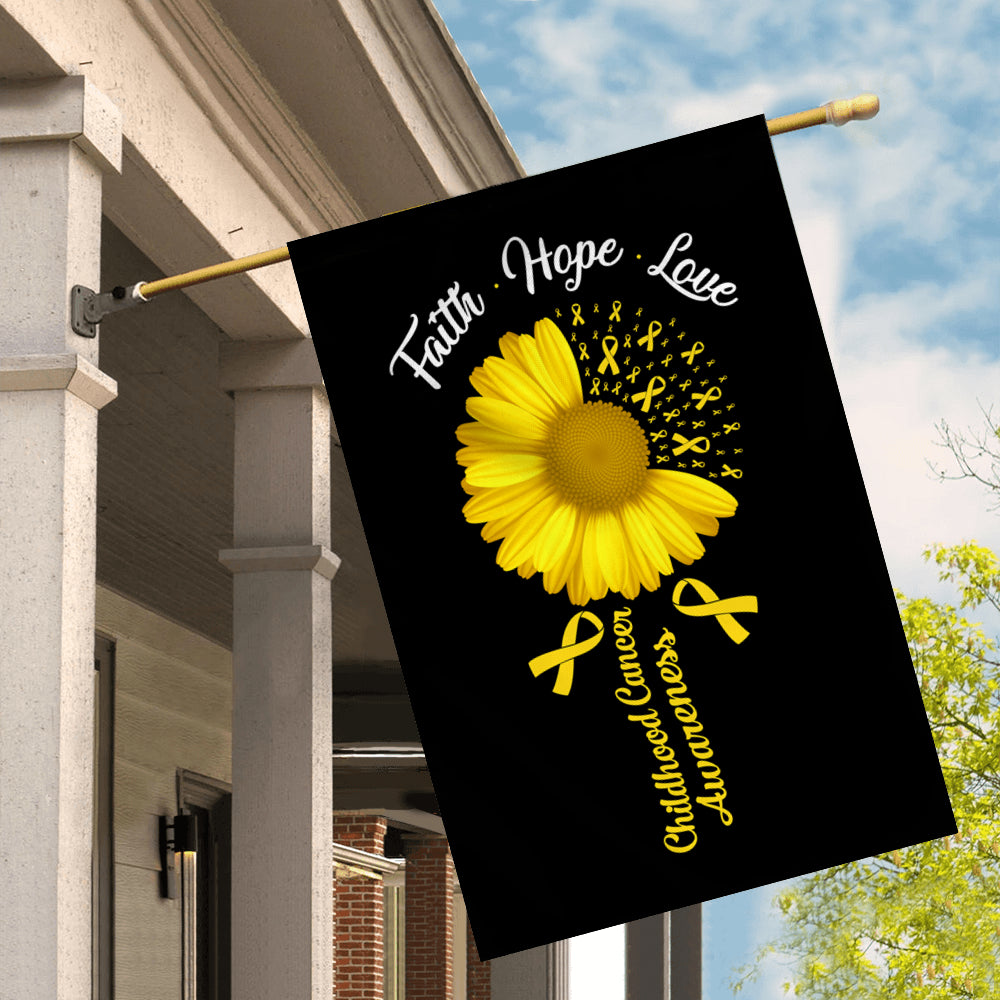 Faith Hope Love Childhood Cancer Awareness Flag Daisy Flower Gold Ribbon Flag | Teecentury.com