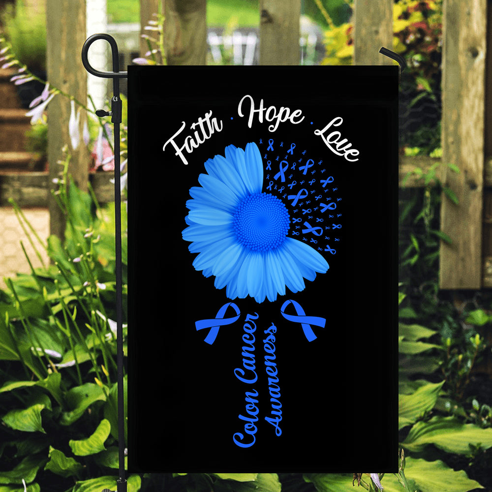 Faith Hope Love Colon Cancer Awareness Flag Daisy Flower Blue Ribbon Flag | Teecentury.com