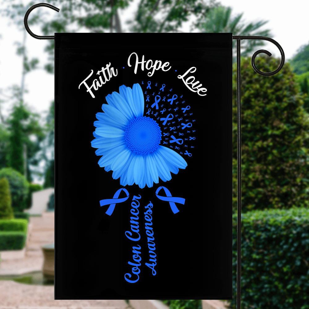 Faith Hope Love Colon Cancer Awareness Flag Daisy Flower Blue Ribbon Flag | Teecentury.com