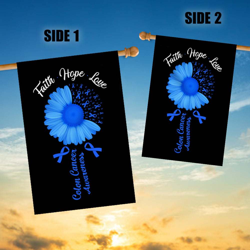 Faith Hope Love Colon Cancer Awareness Flag Daisy Flower Blue Ribbon Flag | Teecentury.com
