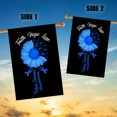 Faith Hope Love Colon Cancer Awareness Flag Daisy Flower Blue Ribbon Flag | Teecentury.com
