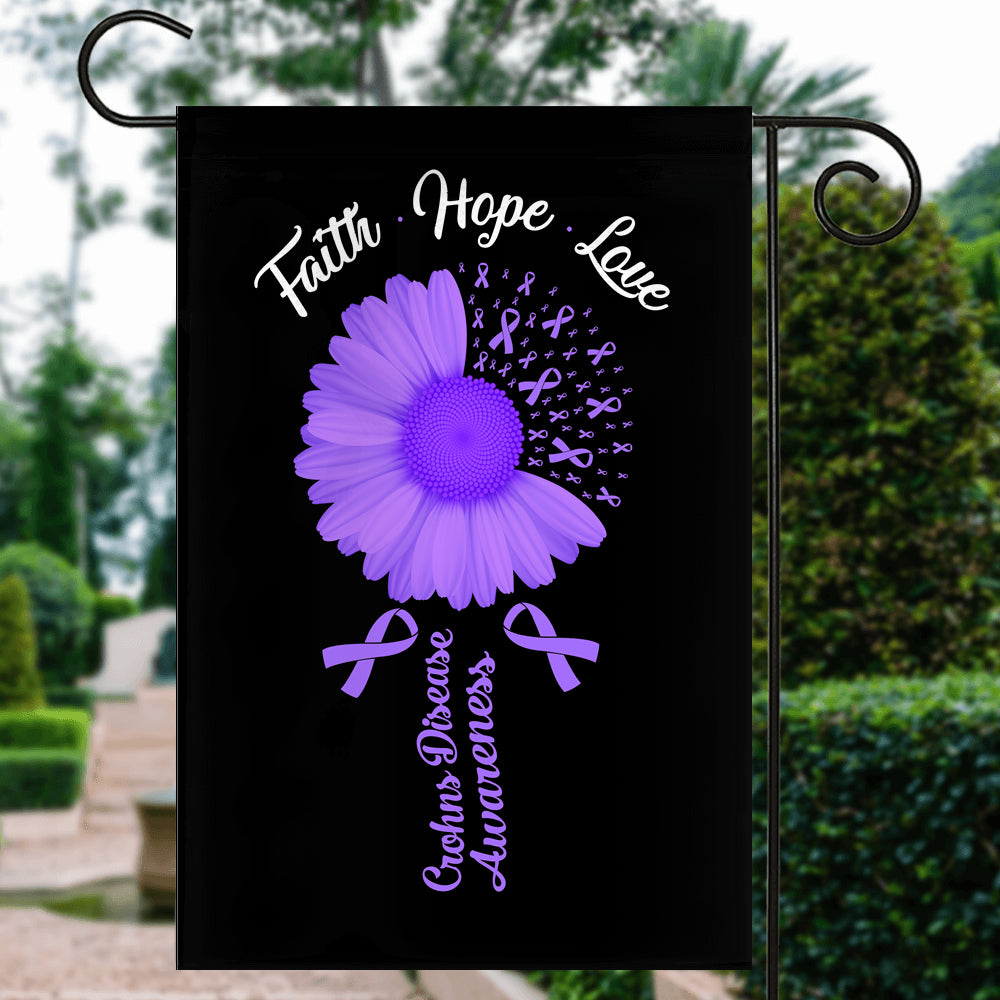 Faith Hope Love Crohns Disease Awareness Flag Daisy Flower Purple Ribbon Flag | Teecentury.com