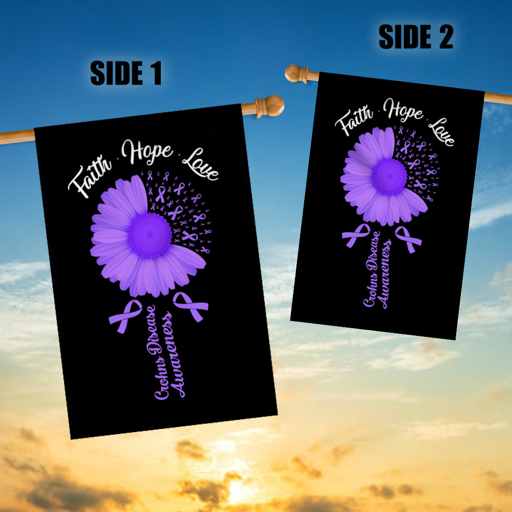 Faith Hope Love Crohns Disease Awareness Flag Daisy Flower Purple Ribbon Flag | Teecentury.com