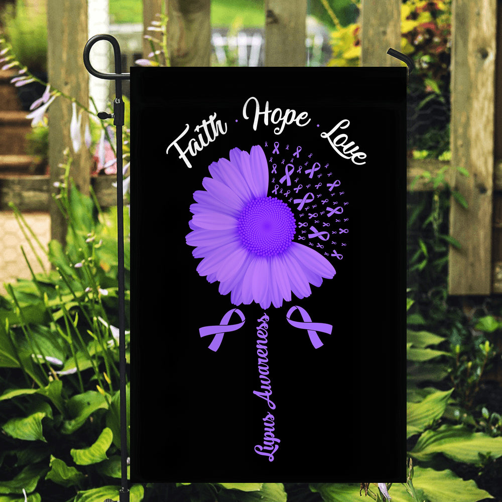 Faith Hope Love Lupus Awareness Flag Daisy Flower Purple Ribbon Flag | Teecentury.com