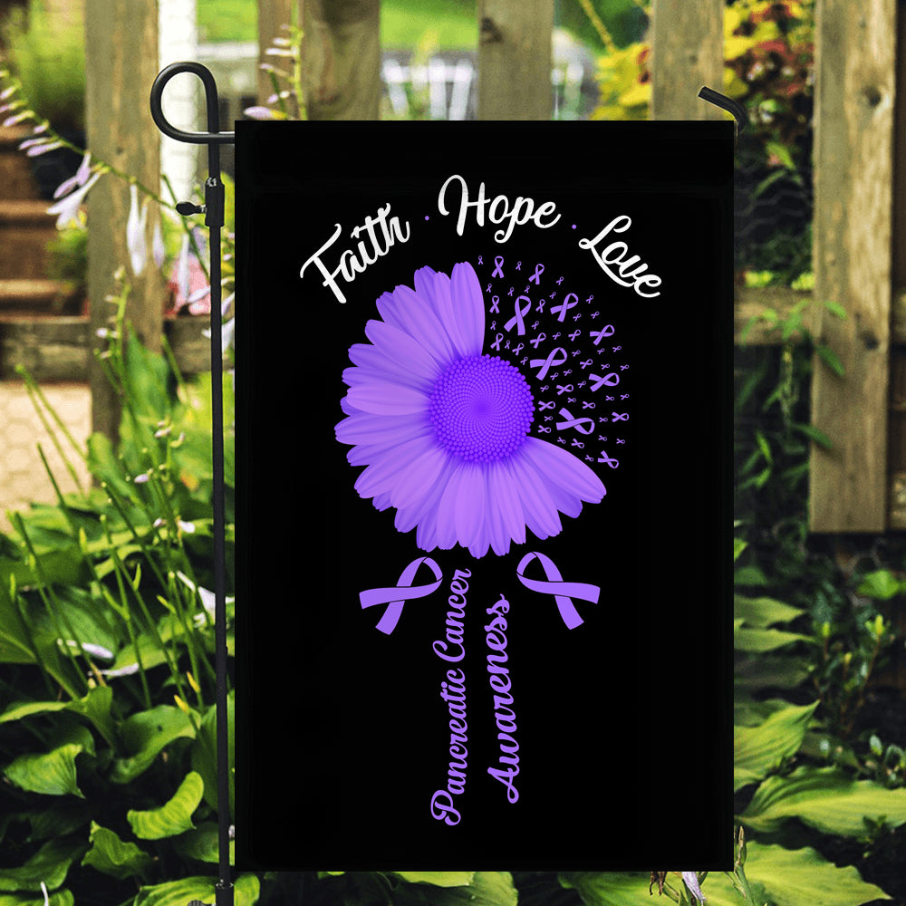 Faith Hope Love Pancreatic Cancer Awareness Flag Daisy Flower Purple Ribbon Flag | Teecentury.com