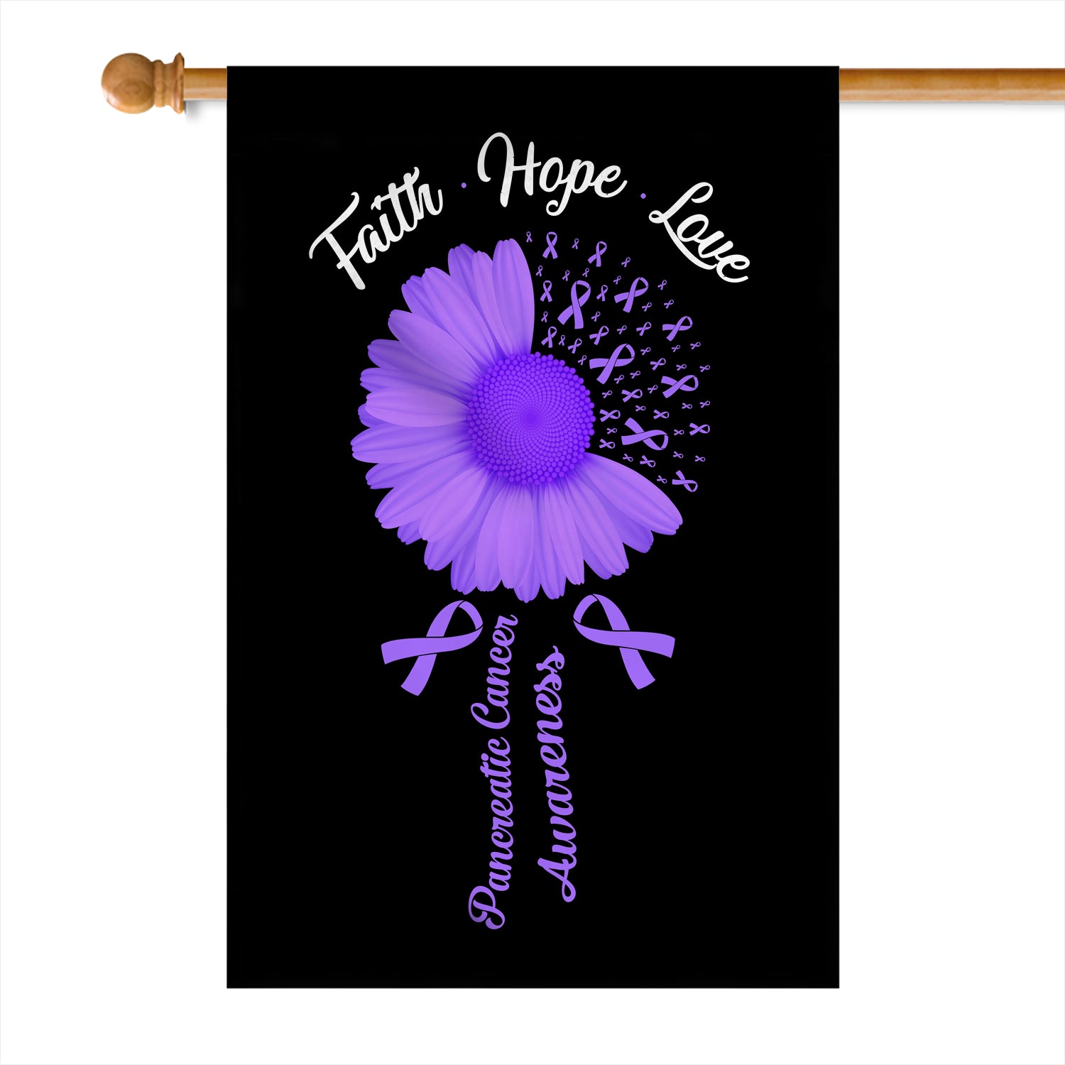 Faith Hope Love Pancreatic Cancer Awareness Flag Daisy Flower Purple Ribbon Flag | Teecentury.com
