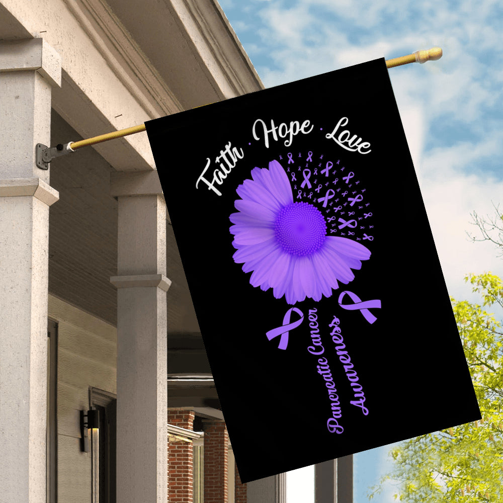 Faith Hope Love Pancreatic Cancer Awareness Flag Daisy Flower Purple Ribbon Flag | Teecentury.com