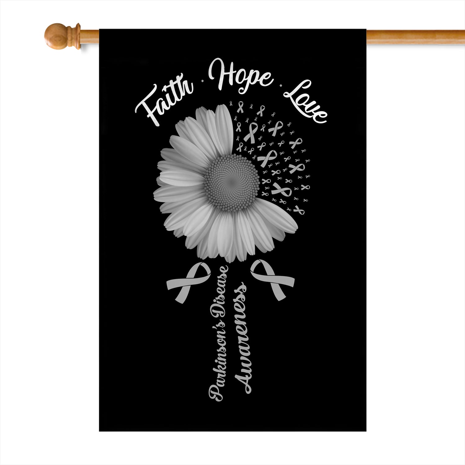 Faith Hope Love Parkinson's Disease Awareness Flag Daisy Flower Grey Ribbon Flag | Teecentury.com