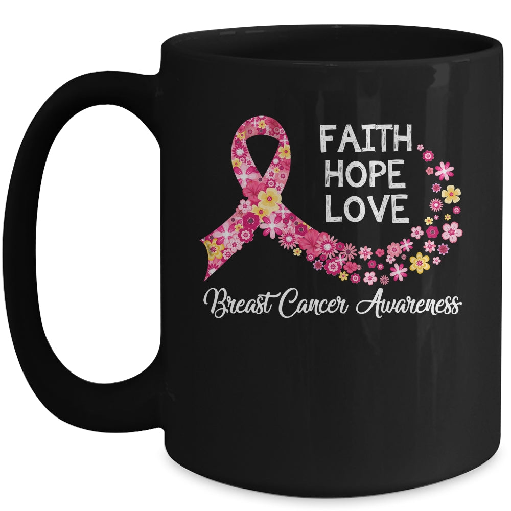 Faith Hope Love Pink Ribbon Flower Breast Cancer Awareness Mug Coffee Mug | Teecentury.com