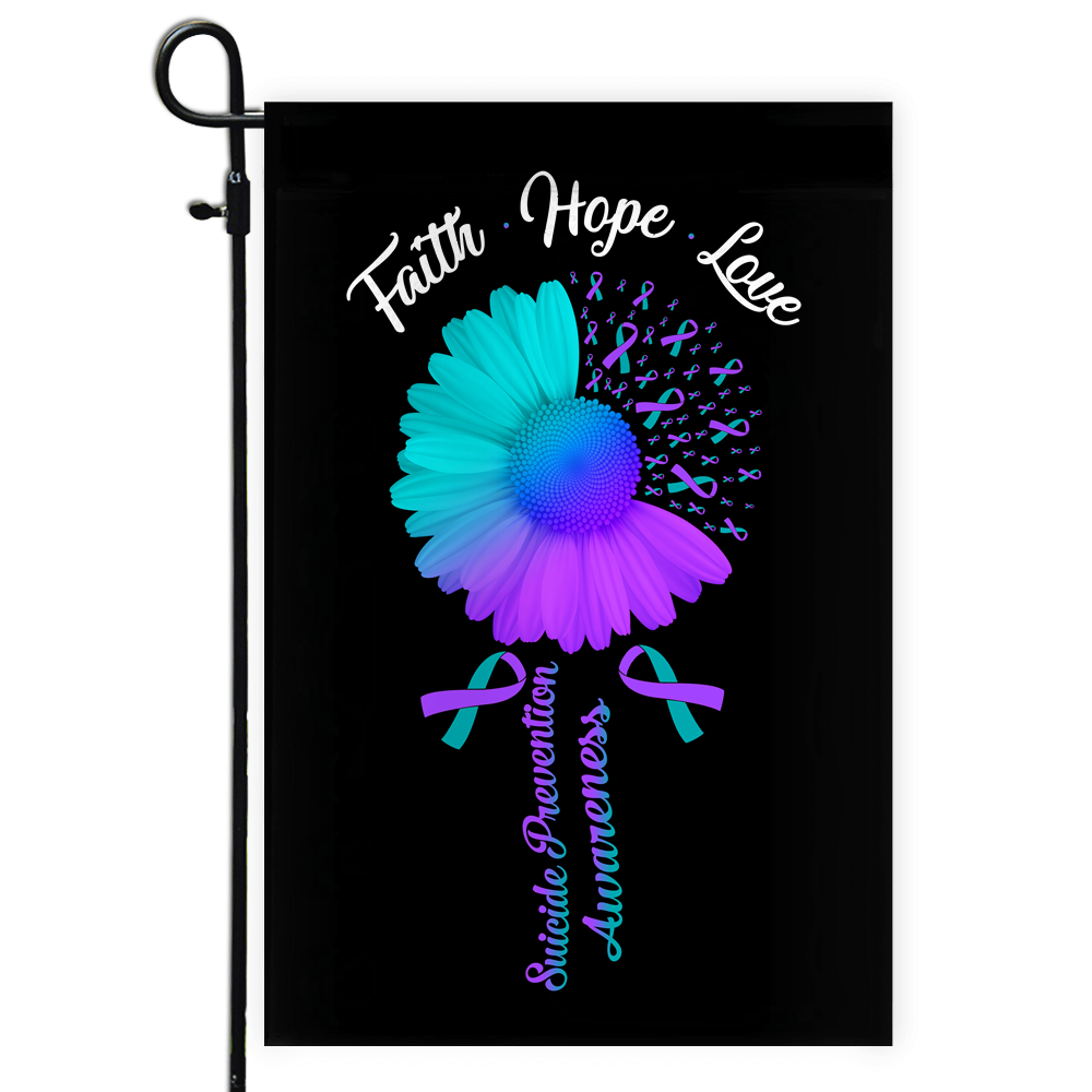 Faith Hope Love Suicide Prevention Awareness Flag Daisy Flower Teal and Purple Ribbon Flag | Teecentury.com