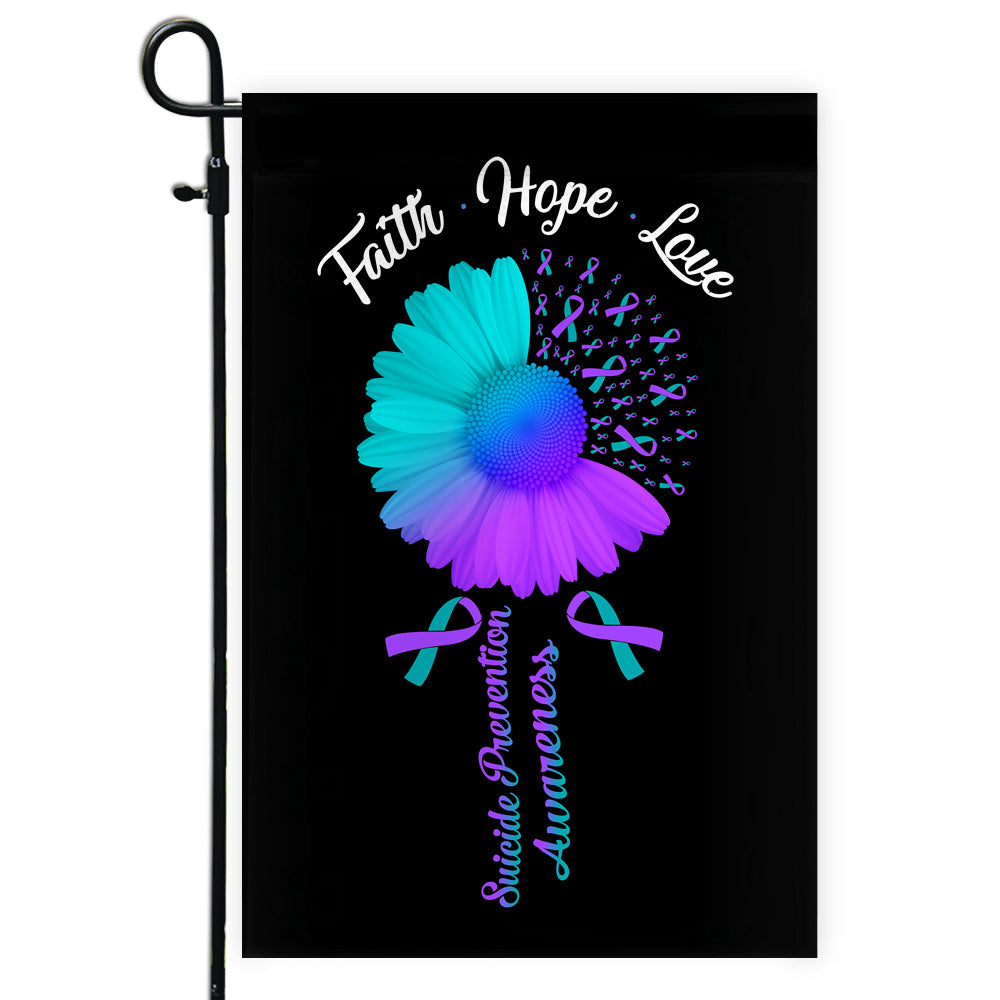 Faith Hope Love Suicide Prevention Awareness Flag Daisy Flower Teal and Purple Ribbon Flag | Teecentury.com