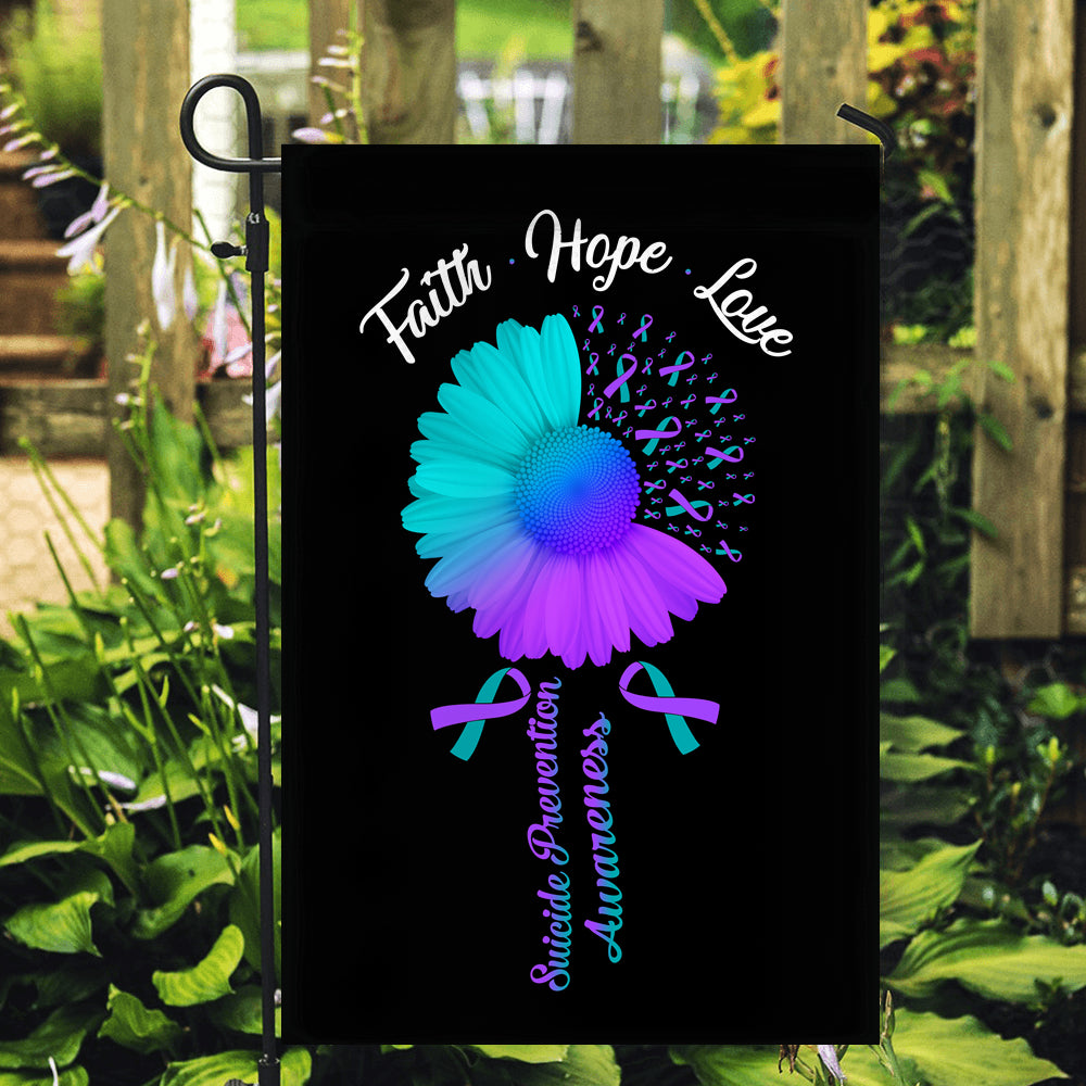 Faith Hope Love Suicide Prevention Awareness Flag Daisy Flower Teal and Purple Ribbon Flag | Teecentury.com