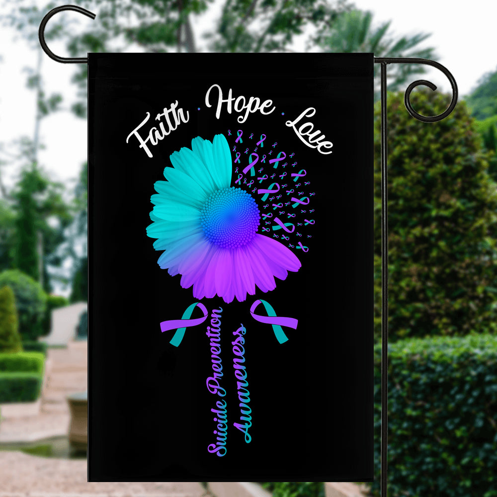 Faith Hope Love Suicide Prevention Awareness Flag Daisy Flower Teal and Purple Ribbon Flag | Teecentury.com