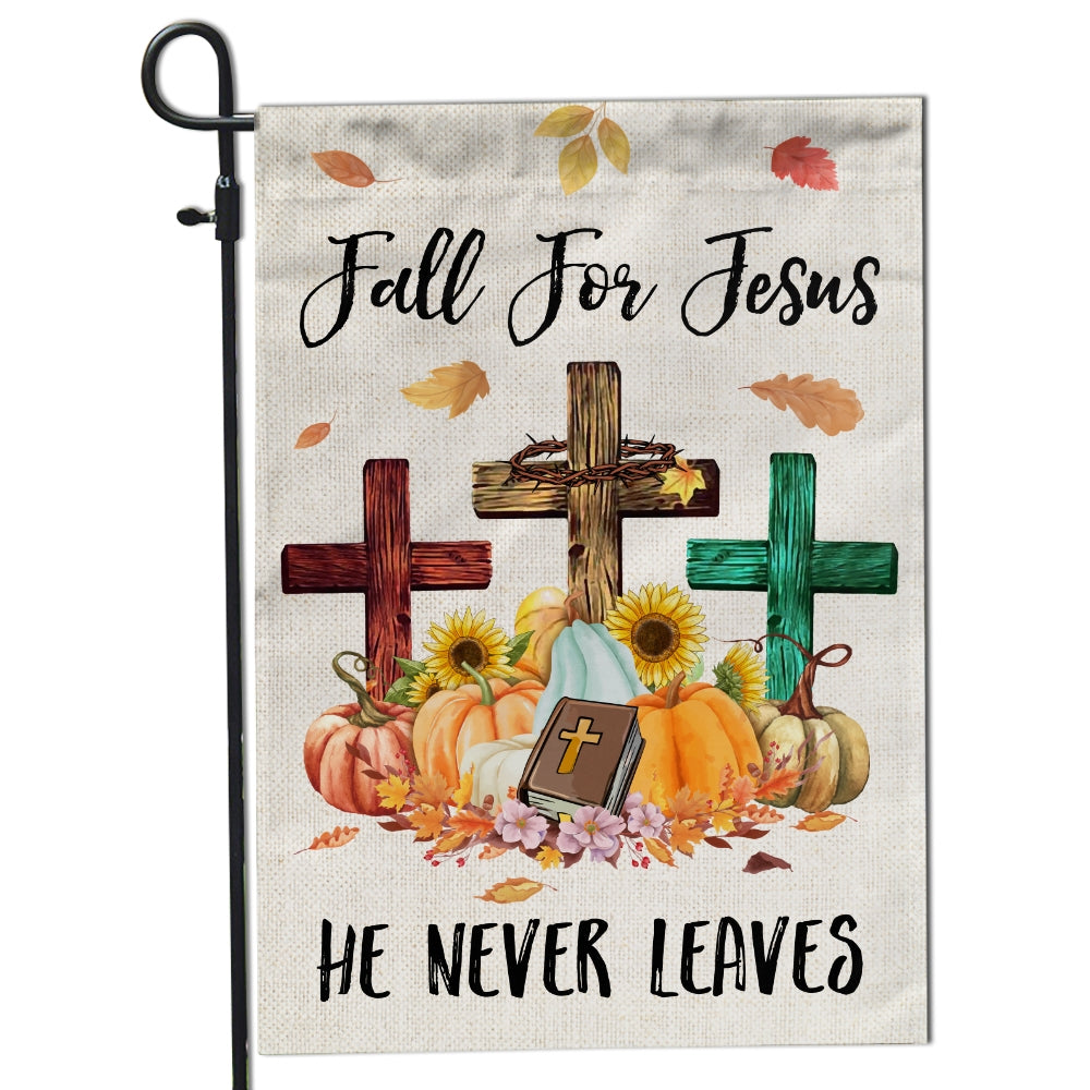 Fall For Jesus Pumpkin Flag Vertical He Never leaves Maple Leaf Bible Mini Autumn Harvest Thanksgiving Holiday Flag | Teecentury.com