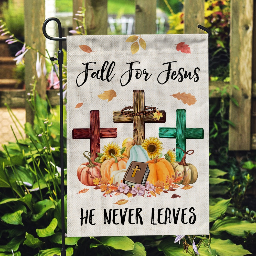 Fall For Jesus Pumpkin Flag Vertical He Never leaves Maple Leaf Bible Mini Autumn Harvest Thanksgiving Holiday Flag | Teecentury.com