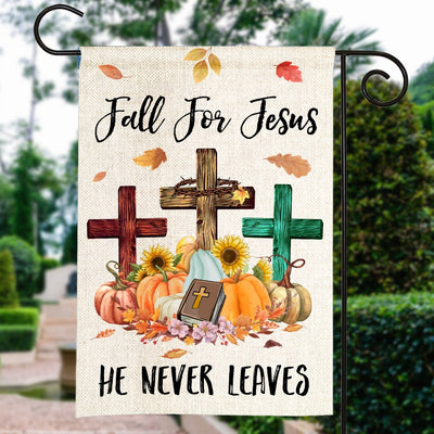 Fall For Jesus Pumpkin Flag Vertical He Never leaves Maple Leaf Bible Mini Autumn Harvest Thanksgiving Holiday Flag | Teecentury.com