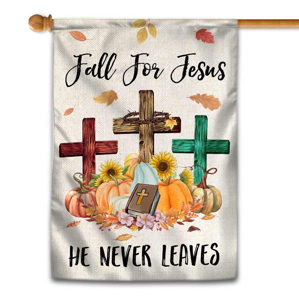 Fall For Jesus Pumpkin Flag Vertical He Never leaves Maple Leaf Bible Mini Autumn Harvest Thanksgiving Holiday Flag | Teecentury.com