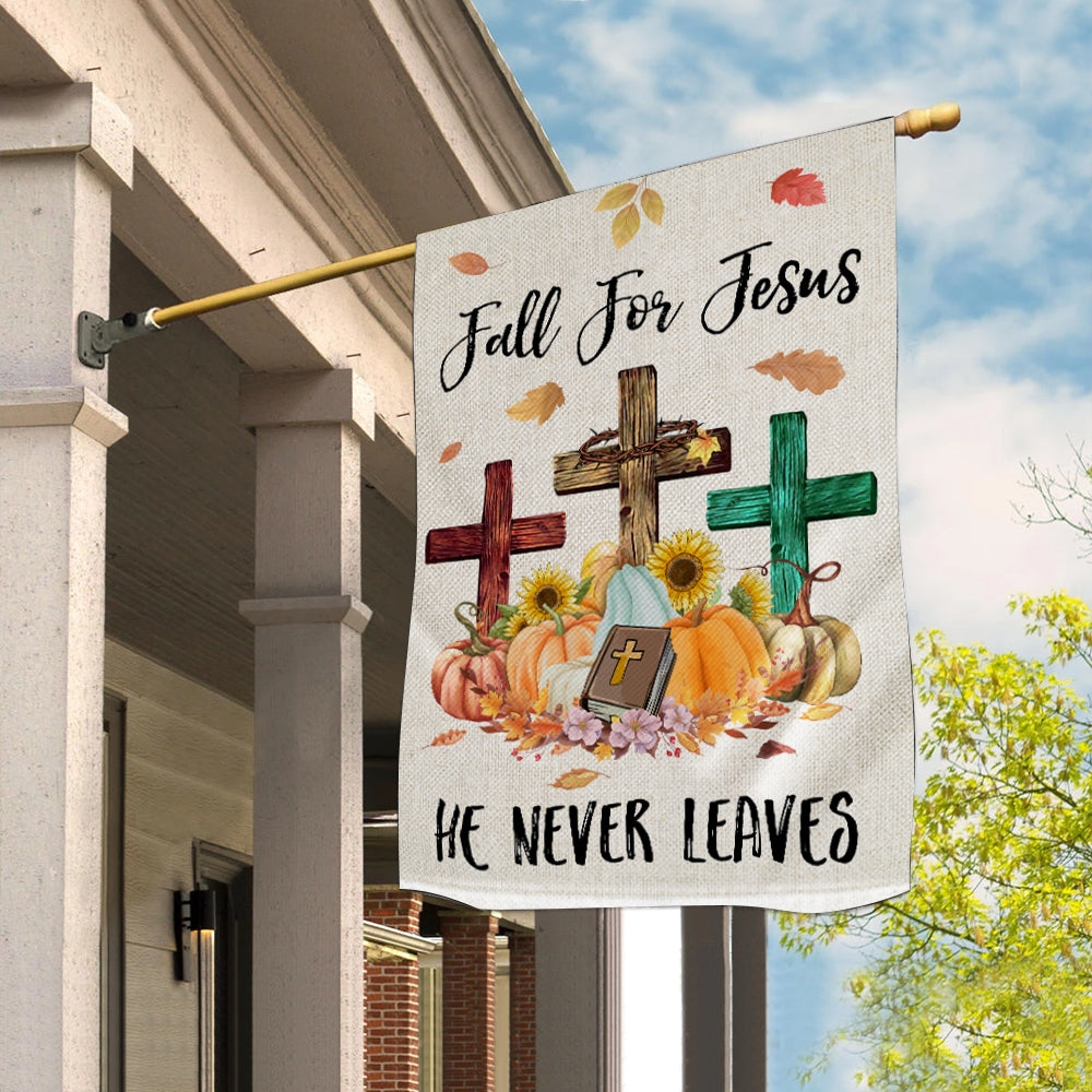 Fall For Jesus Pumpkin Flag Vertical He Never leaves Maple Leaf Bible Mini Autumn Harvest Thanksgiving Holiday Flag | Teecentury.com