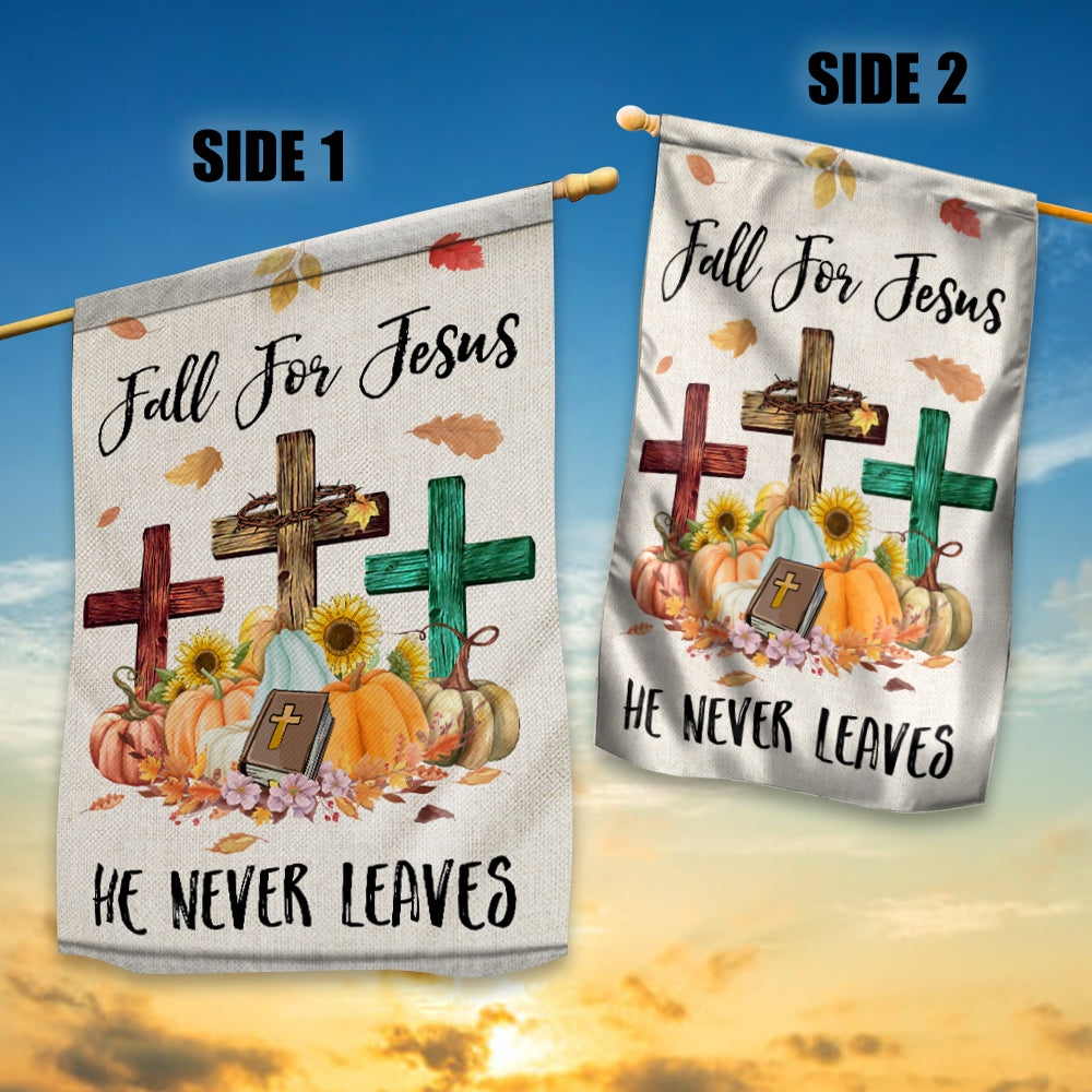 Fall For Jesus Pumpkin Flag Vertical He Never leaves Maple Leaf Bible Mini Autumn Harvest Thanksgiving Holiday Flag | Teecentury.com