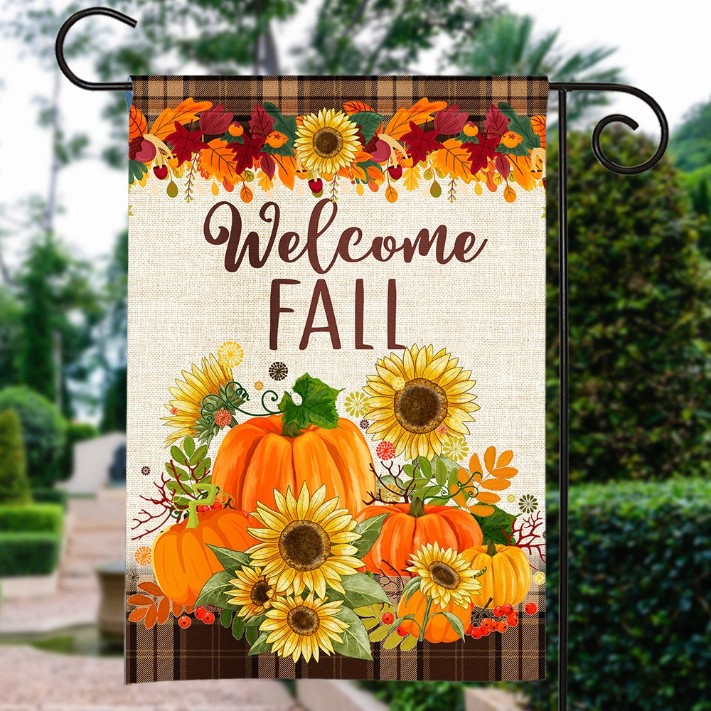 Fall Garden Flag Welcome Autumn Pumpkin Sunflowers for Farmhouse Lawn Flag | Teecentury.com