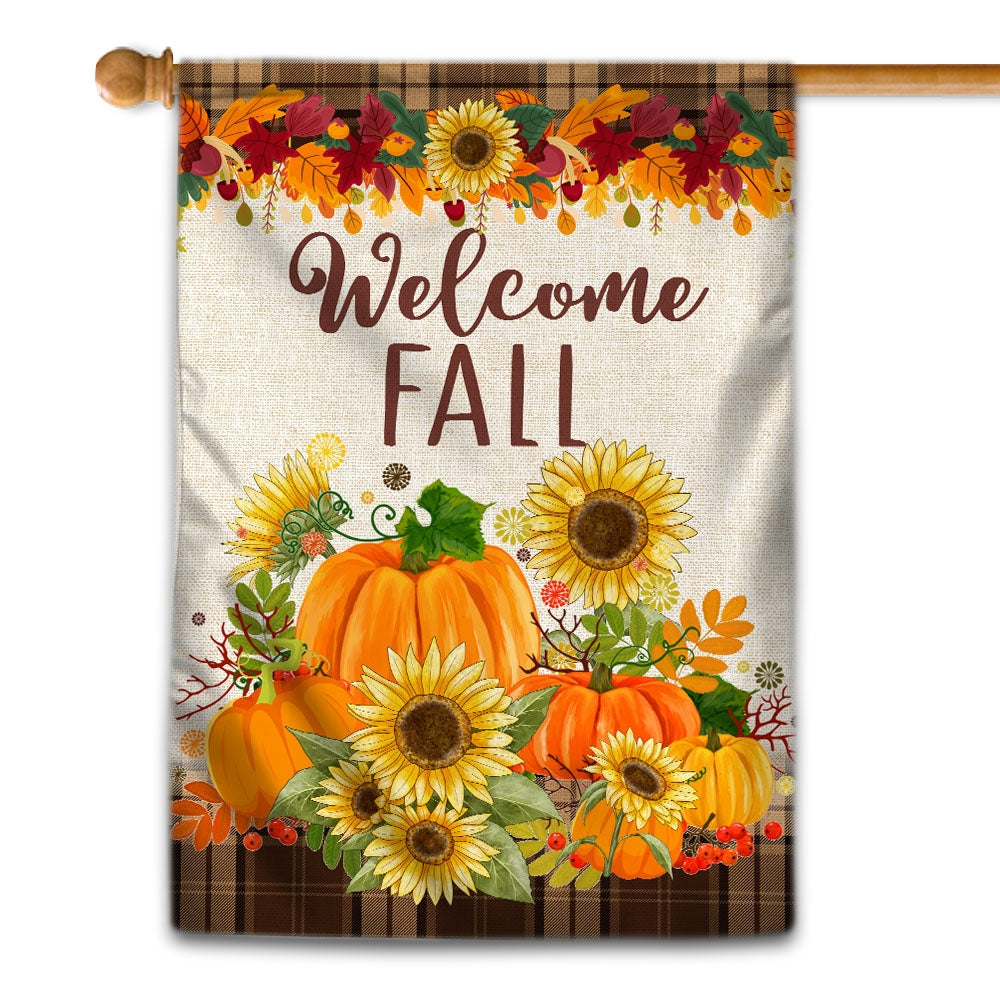 Fall Garden Flag Welcome Autumn Pumpkin Sunflowers for Farmhouse Lawn Flag | Teecentury.com