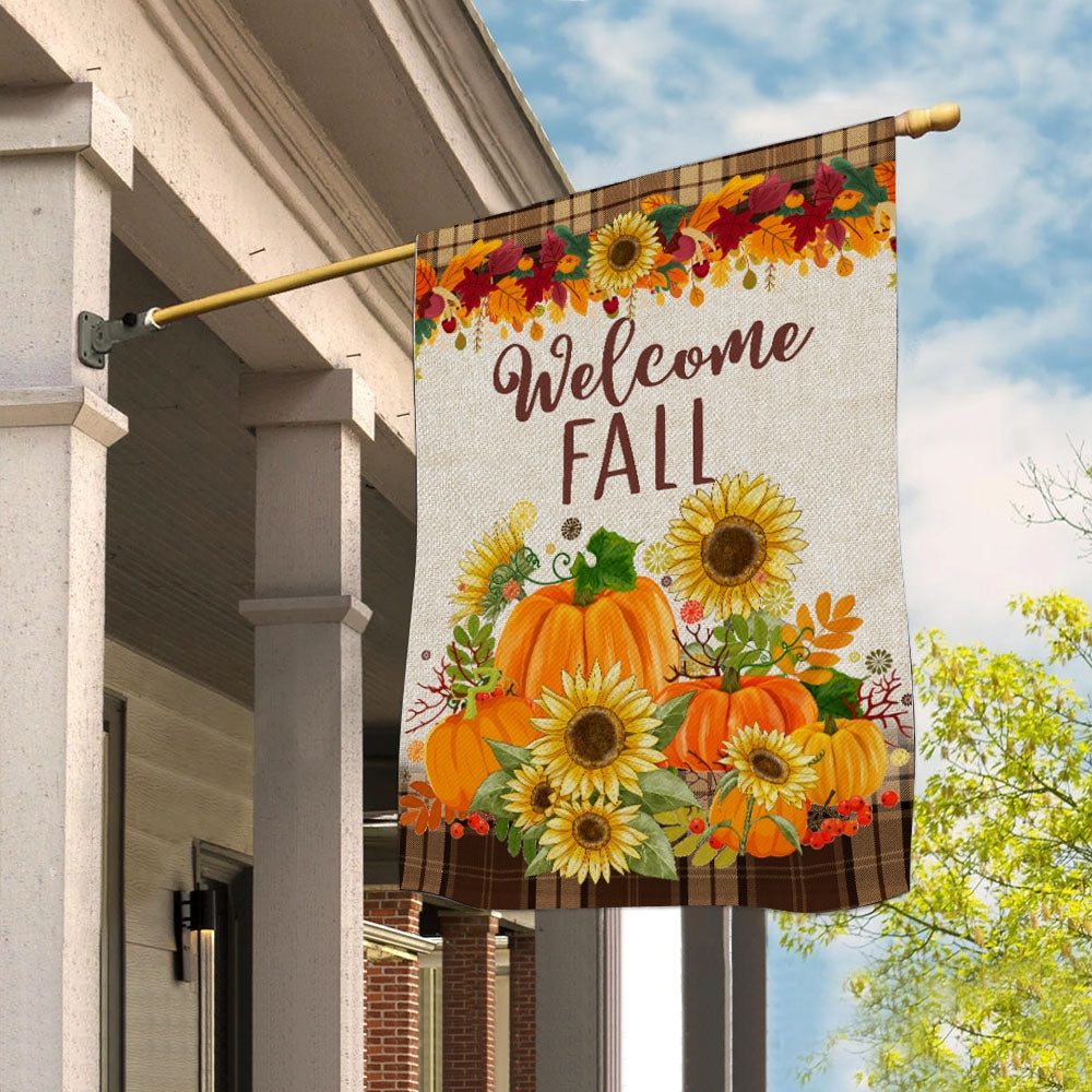 Fall Garden Flag Welcome Autumn Pumpkin Sunflowers for Farmhouse Lawn Flag | Teecentury.com