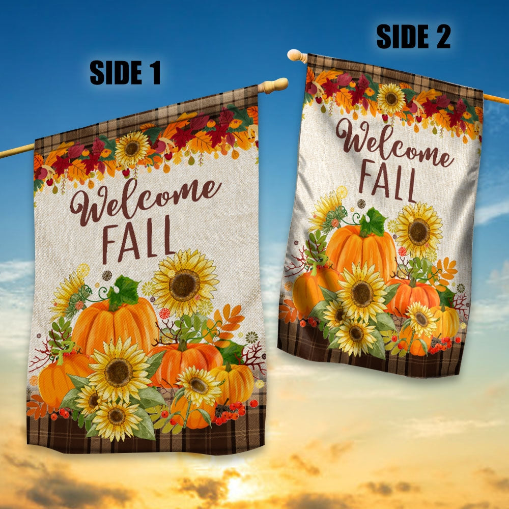 Fall Garden Flag Welcome Autumn Pumpkin Sunflowers for Farmhouse Lawn Flag | Teecentury.com