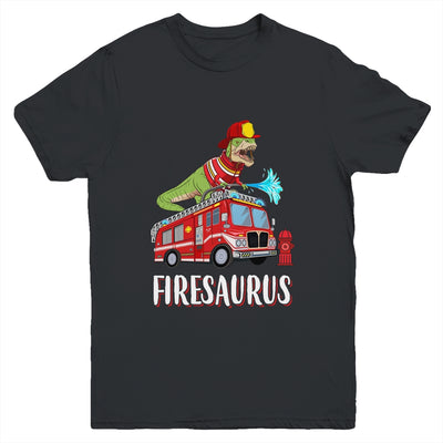 Fire Fighter Saurus Firetruck Fireman Dinosaur T Rex Youth Shirt | teecentury