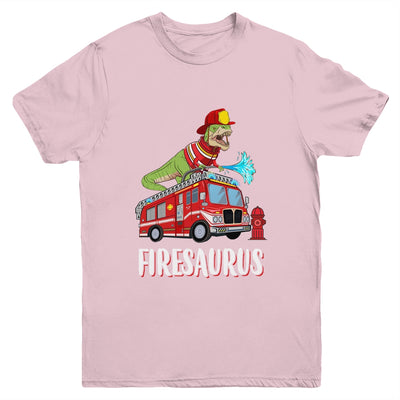 Fire Fighter Saurus Firetruck Fireman Dinosaur T Rex Youth Shirt | teecentury