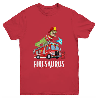 Fire Fighter Saurus Firetruck Fireman Dinosaur T Rex Youth Shirt | teecentury