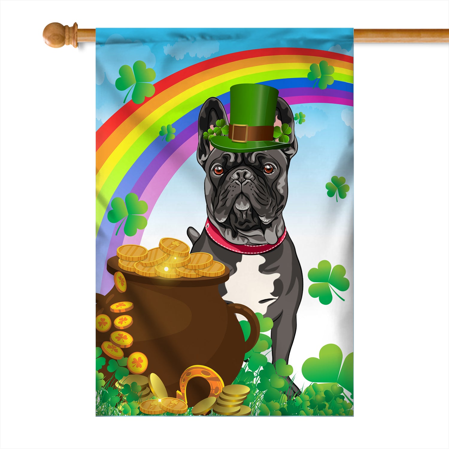 French Bulldog St Patrick's Day Dog Flag Funny Peeking Dog Wear Green Hat Golden Pot Coin Shamrock Rainbow Spring Banner for Home Decor | teecentury
