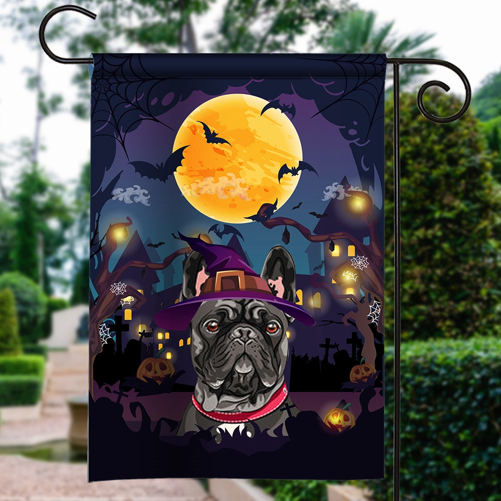 Frenchie Witch Halloween Flag Castle Background For Dog Lover Home Flag | Teecentury.com