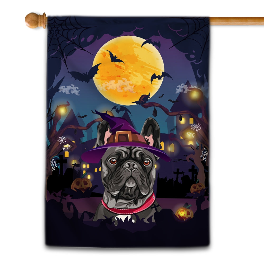 Frenchie Witch Halloween Flag Castle Background For Dog Lover Home Flag | Teecentury.com