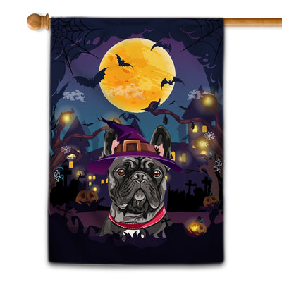 Frenchie Witch Halloween Flag Castle Background For Dog Lover Home Flag | Teecentury.com