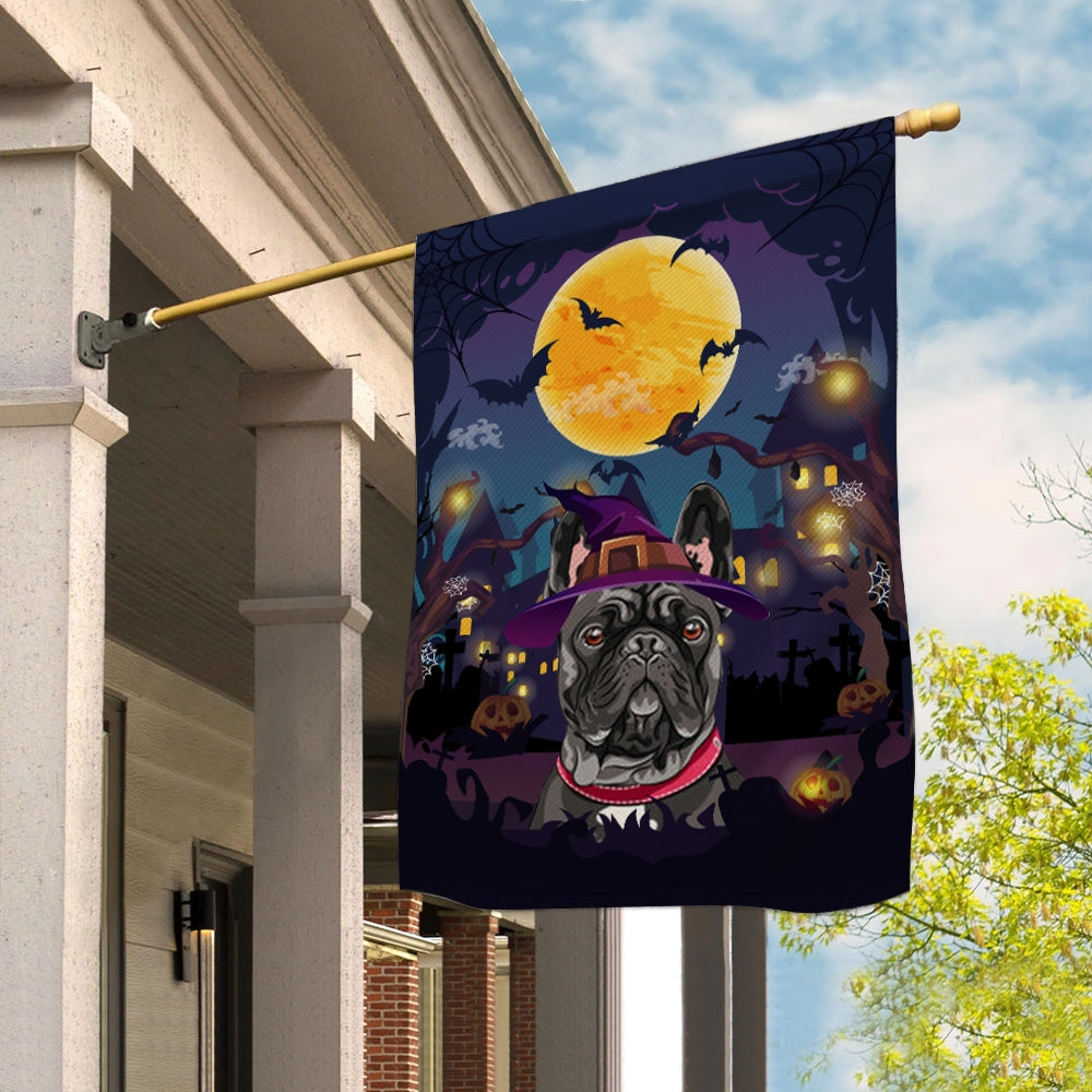 Frenchie Witch Halloween Flag Castle Background For Dog Lover Home Flag | Teecentury.com