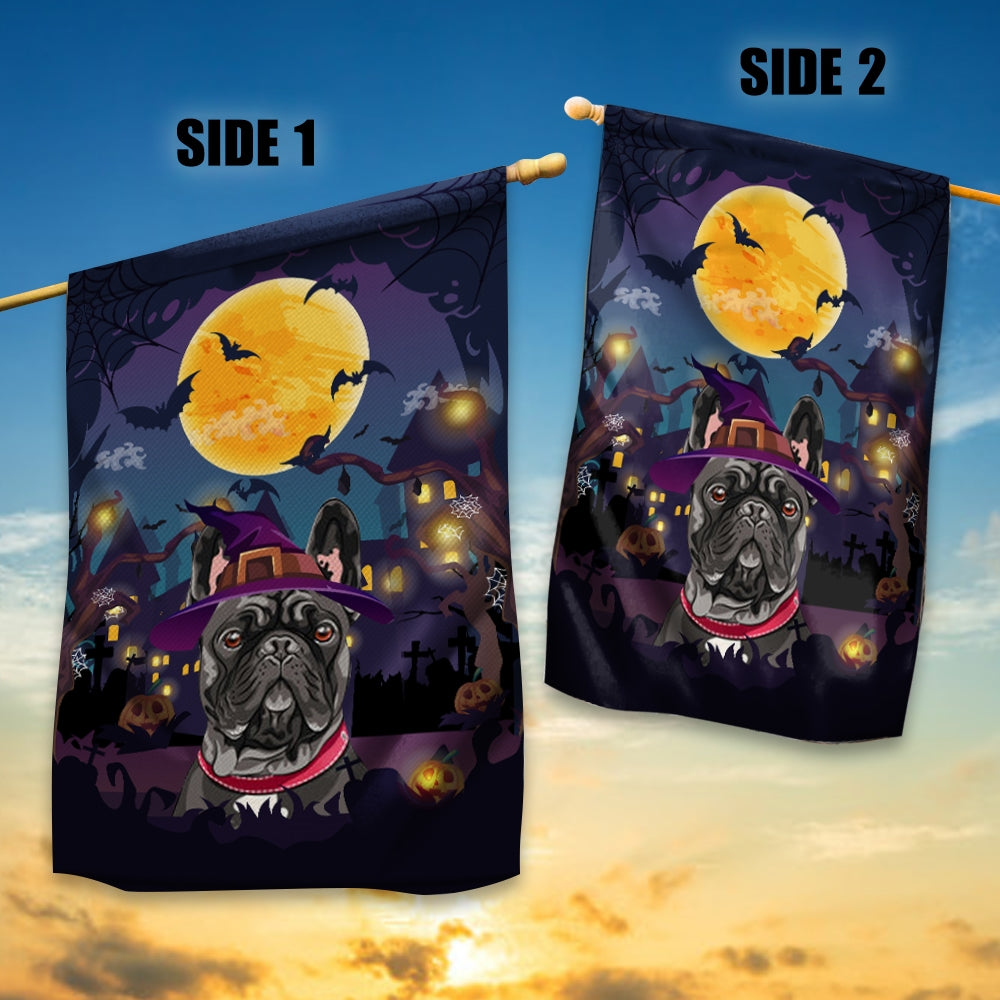 Frenchie Witch Halloween Flag Castle Background For Dog Lover Home Flag | Teecentury.com