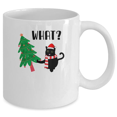Funny Black Cat Gift Pushing Christmas Tree Over Cat What? Mug Coffee Mug | Teecentury.com