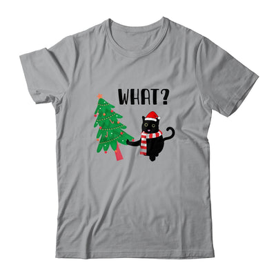 Funny Black Cat Gift Pushing Christmas Tree Over Cat What? T-Shirt & Sweatshirt | Teecentury.com