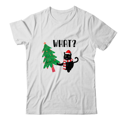 Funny Black Cat Gift Pushing Christmas Tree Over Cat What? T-Shirt & Sweatshirt | Teecentury.com