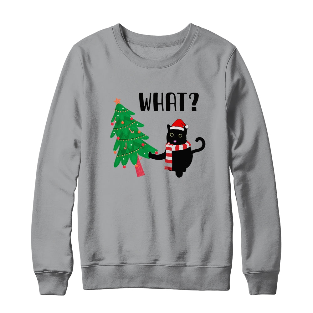 Funny Black Cat Gift Pushing Christmas Tree Over Cat What? T-Shirt & Sweatshirt | Teecentury.com