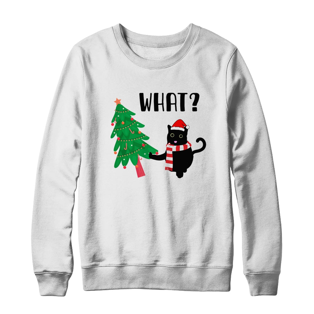 Funny Black Cat Gift Pushing Christmas Tree Over Cat What? T-Shirt & Sweatshirt | Teecentury.com