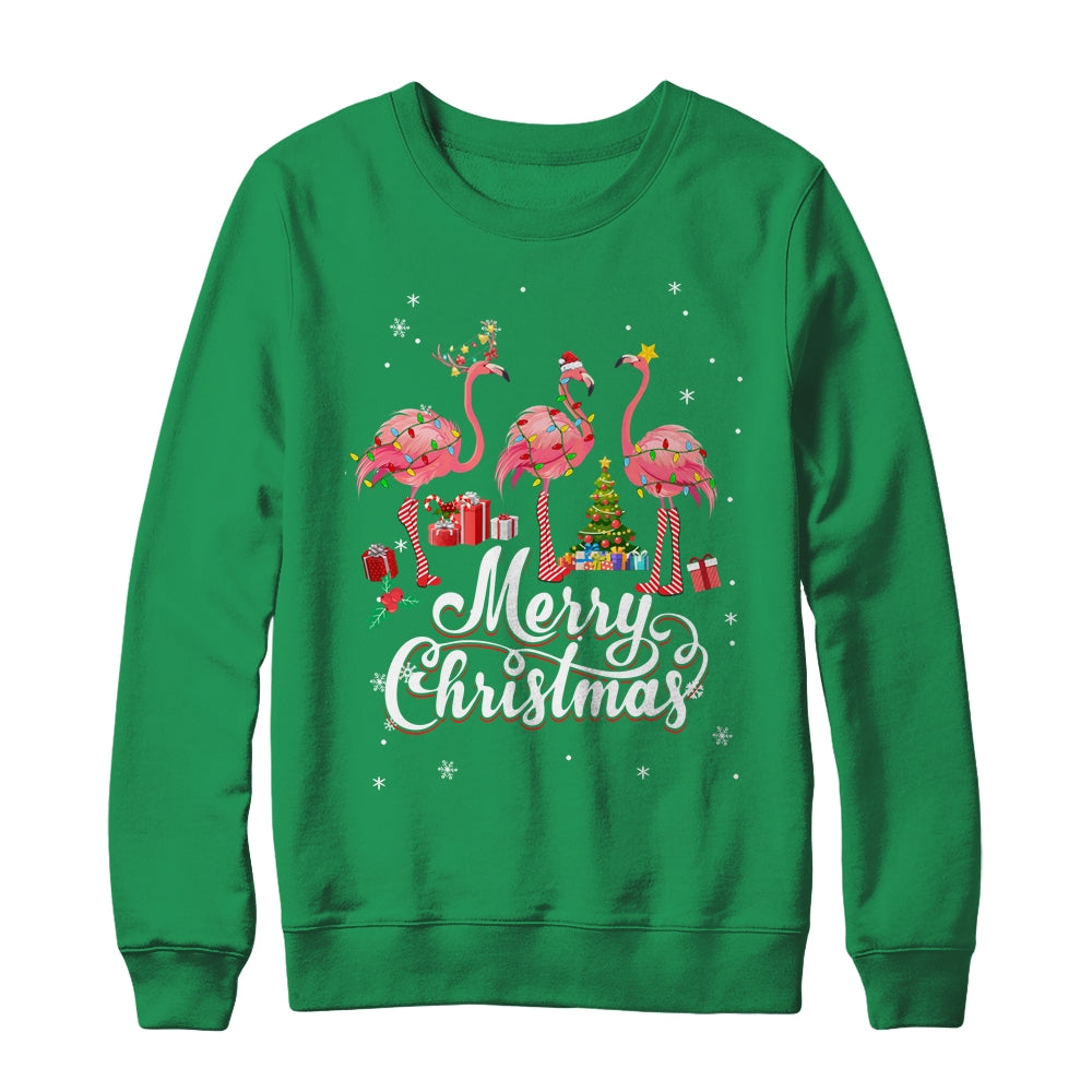 Funny Flamingo Lights Santa Hat Xmas Tree Christmas Shirt & Sweatshirt | teecentury
