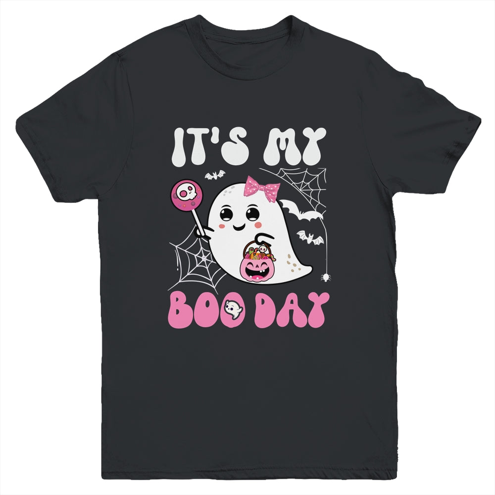Funny Its My Boo Day Cute Halloween Birthday Ghost Pink Bow Youth Shirt | teecentury